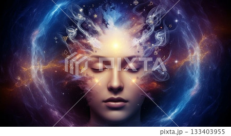 宇宙と融合する瞑想中の女性の顔 想像力と意識拡張を表現した幻想的イメージ 133403955