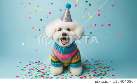 Cute dog with party hat on celebration background. 133404080