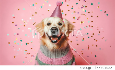 Cute dog with party hat on celebration background. 133404082