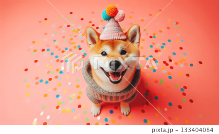 Cute dog with party hat on celebration background. 133404084