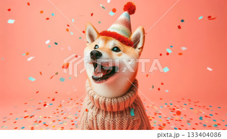 Cute dog with party hat on celebration background. Cute dog with party hat on celebration background. 133404086