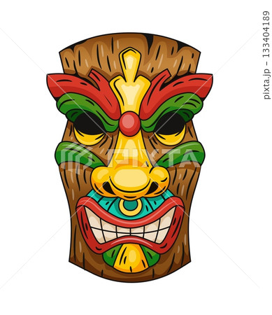 Aboriginal mask. Tiki Hawaiian totem, wooden statue face, Polynesian culture, exotic tropical ethnic idol. Ritual traditional symbol. Vector cartoon flat isolated on white background illustration Aboriginal mask. Tiki Hawaiian totem, wooden statue face, Polynesian culture, exotic tropical ethnic idol. Ritual traditional symbol. Vector cartoon flat isolated on white background illustration 133404189