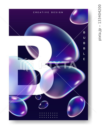 Soap bubble poster. Flying transparent balls, wall art, vertical banner and notebook cover design. Abstract contemporary background with iridescent balloons organic forms. Vector minimal illustration 133404200