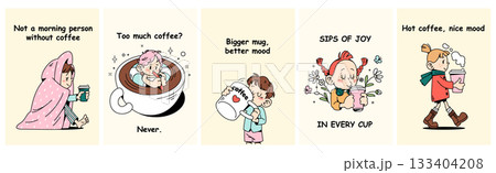 Coffee cup poster. Cute character with morning drink. Icon beverage branding. Funny text. Abstract people walk with beverage takeaway glasses. Sticker for day beginning. Vector marketing cards set 133404208