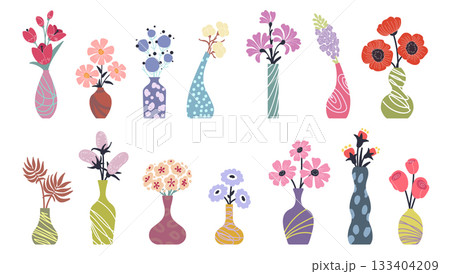 Flower doodle. Natural arrangement in vase. Botanical design, vintage hand drawn element. Abstract floral decoration. Cute rose and tulips, retro colorful pottery. Vector flat style isolated texture 133404209