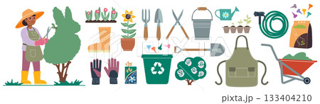 Floral gardening set. Agriculture, landscape with trees, fruits, and plants. Garden tools and food for summer. Character woman farmer trims bush with pruning shears. Vector cartoon isolated elements 133404210
