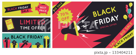 Black Friday promotion. Online sale, horizontal marketing banner set. Discounted price. Business advertisement. Megaphone special offer, smartphone flat style emblems. Vector design promo poster 133404211