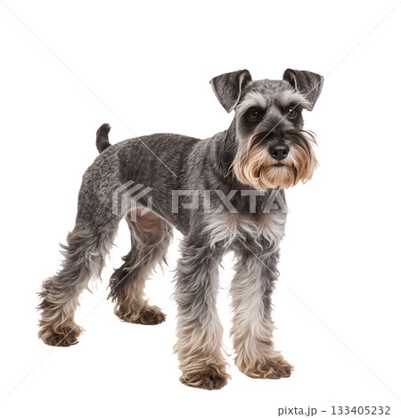 Schnauzer Standing Confidently on White Background Showcasing Its Distinct Coat and Playful Personality 133405232