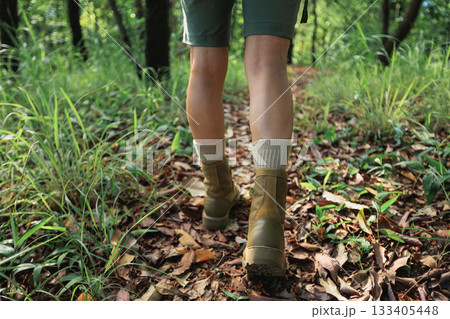 wWoman hiker hiking on forest trail wWoman hiker hiking on forest trail 133405448