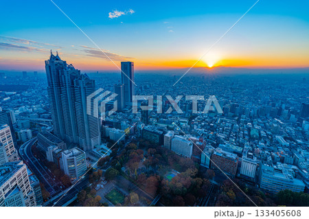 【東京都】西新宿超高層ビル街トワイライト、遠望富士 【東京都】西新宿超高層ビル街トワイライト、遠望富士 133405608