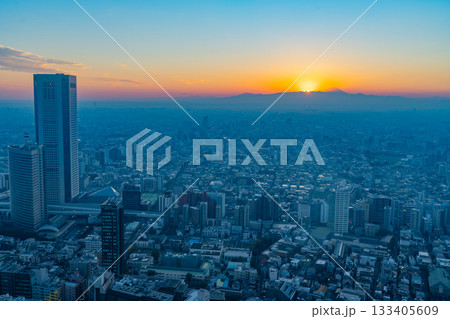 【東京都】西新宿超高層ビル街トワイライト、遠望富士 133405609