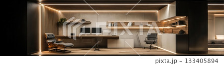 Luxury Modern Office Interior Design with Warm Lighting and Furniture 133405894