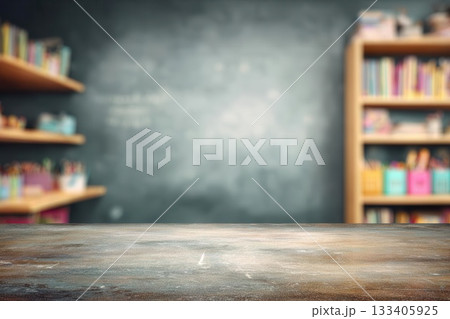 Wooden Surface With Blurred Bookshelves Backdrop 133405925