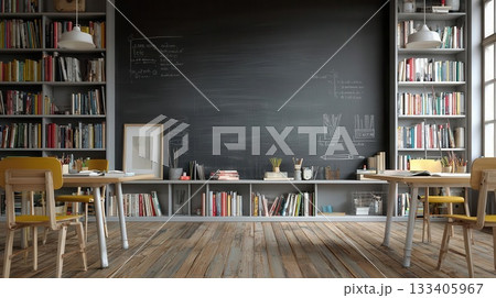 Study Room With Chalkboard and Bookshelves 133405967