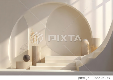 Abstract Beige Interior With Stairs and Plants 133406075
