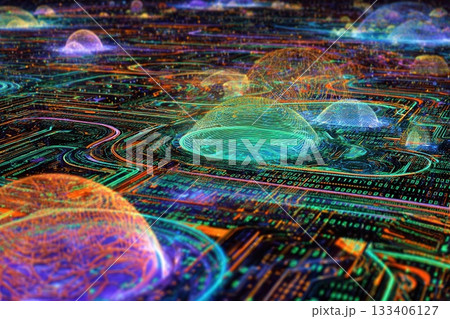Abstract Circuit Board Landscape With Domes 133406127