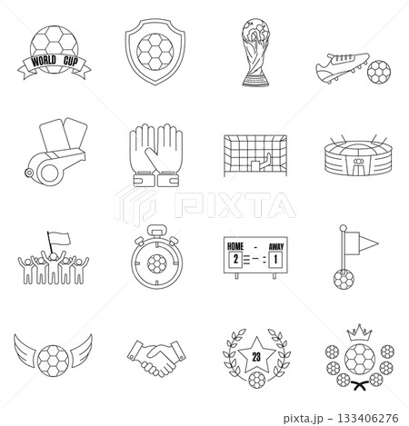 A collection of black and white outline icons representing elements of the World Cup and soccer, including the trophy, ball, stadium, referee tools, and fan symbols. This line art set is perfect for u 133406276