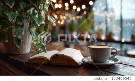 up of coffee and an open book in cafe 133406546