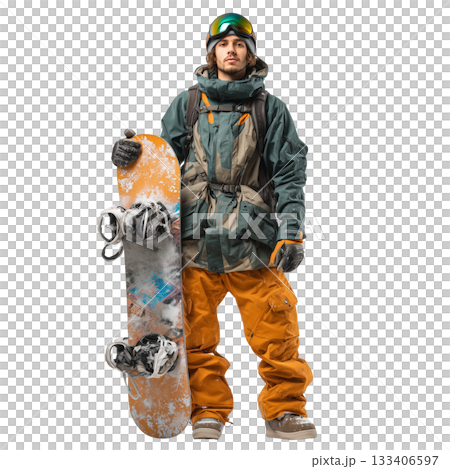 Snowboarder Ready for Adventure on the Slopes With Gear and Board in Hand 133406597