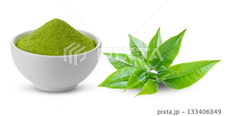 Matcha green tea in white bowl and tea leaves on white background ( image from camera) 133406849