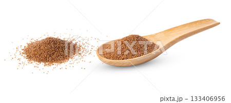 Brown Teff Grain in wood spoon isolated on white background ( image from camera ) Brown Teff Grain in wood spoon isolated on white background ( image from camera ) 133406956