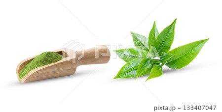 matcha green tea and tea leaves on white background ( image from camera ) matcha green tea and tea leaves on white background ( image from camera ) 133407047