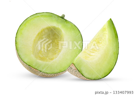 slice of green cantaloupe melon isolated on white background slice of green cantaloupe melon isolated on white background 133407993