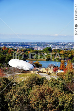 鞍ヶ池公園の全景 高台から見下ろす秋の風景（愛知県豊田市） 133408232