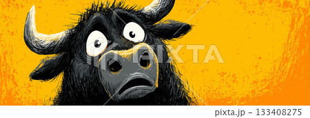 Close-up of a Cartoon Character of a Surprised Black Bull Looking at Camera - Generative Ai 133408275
