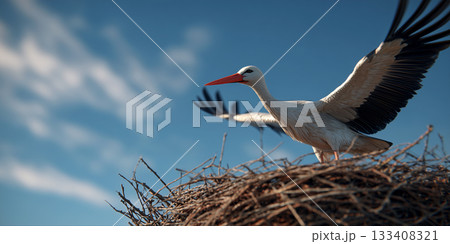 Close-up of a Majestic Stork with Wings Raised in Nest Under Clear Blue Sky - Generative Ai 133408321
