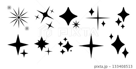 Stars icon trendy collection. Different minimalist star retro shape symbols. Set of black flat shine blink twinkle, sunburst stars. Magic light flare, bright flash, sparkle star patterns. Shining glow 133408513