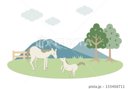 牧草地で向かい合う馬の親子のイラスト 牧草地で向かい合う馬の親子のイラスト 133408711