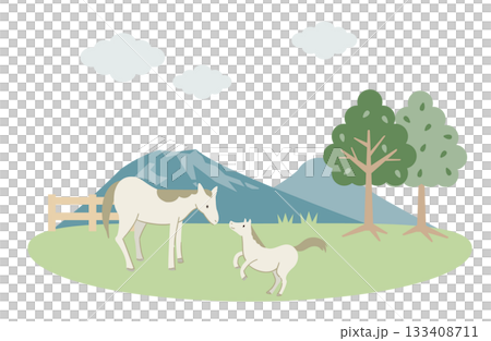 牧草地で向かい合う馬の親子のイラスト 牧草地で向かい合う馬の親子のイラスト 133408711