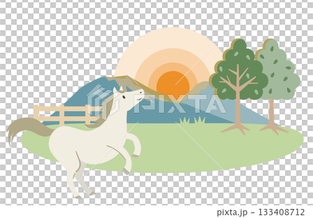 Illustration of a white horse standing and watching the sunrise (sunset) Illustration of a white horse standing and watching the sunrise (sunset) 133408712
