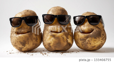 Three Smiling Realistic Potatoes Wearing Dark Sunglasses on White Background - Generative Ai 133408755