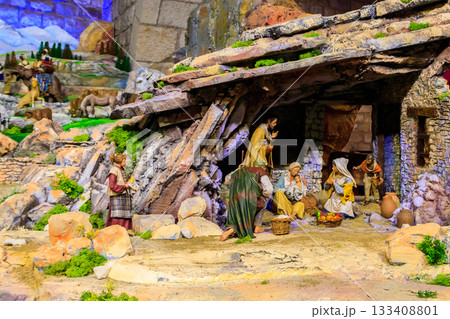 Christmas Nativity Scene. Intricately crafted nativity scene with figurines depicting the birth of Jesus, symbolizing the religious significance of Christmas 133408801
