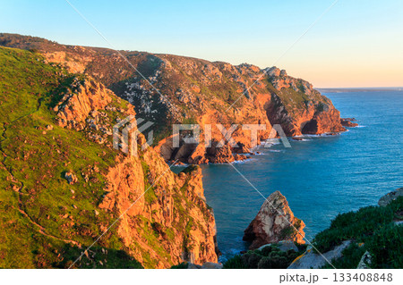 View of the Atlantic Ocean from Cabo da Roca. Cabo da Roca or Cape Roca is westernmost cape of mainland Portugal, continental Europe and the Eurasian land mass 133408848