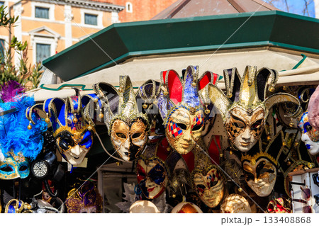 Venetian carnival masks in store display in Venice, Italy 133408868