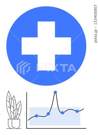 Blue cross symbol potted plant and graph line with data points conveying health, wellness, growth, data analysis, sustainability, medical progress, healing. Ideal for health-focused designs. Line Blue cross symbol potted plant and graph line with data points conveying health, wellness, growth, data analysis, sustainability, medical progress, healing. Ideal for health-focused designs. Line 133408907