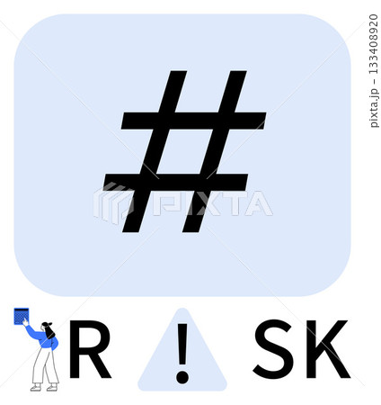 Large metadata tag symbol centered above the word RISK, with the I replaced by a caution symbol and a person reaching towards it. Ideal for social media, caution, communication, awareness, warning 133408920