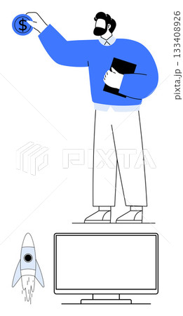 Businessman placing dollar coin, holding documents. Rocket launching next to computer monitor. Ideal for investment, startup growth, business strategy, innovation, finance, technology Businessman placing dollar coin, holding documents. Rocket launching next to computer monitor. Ideal for investment, startup growth, business strategy, innovation, finance, technology 133408926