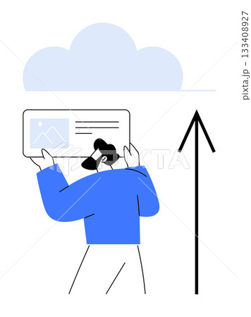 Person holding an image while an upward arrow indicates uploading to a cloud. Ideal for data transfer, cloud storage, digital archiving, online sharing, tech services, internet communication Person holding an image while an upward arrow indicates uploading to a cloud. Ideal for data transfer, cloud storage, digital archiving, online sharing, tech services, internet communication 133408927