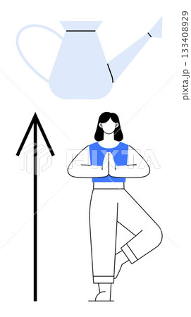 Woman in tree pose beneath a watering can and an upward arrow. Ideal for wellness, self-care, personal growth, balance, meditation, mindfulness, lifestyle. Line metaphor Woman in tree pose beneath a watering can and an upward arrow. Ideal for wellness, self-care, personal growth, balance, meditation, mindfulness, lifestyle. Line metaphor 133408929
