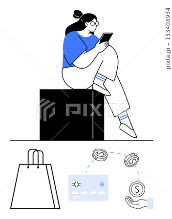 Person using a phone while sitting, surrounded by a shopping bag, credit card, coins, and hand. Ideal for e-commerce, online shopping, digital payments, financial transactions fintech apps mobile 133408934