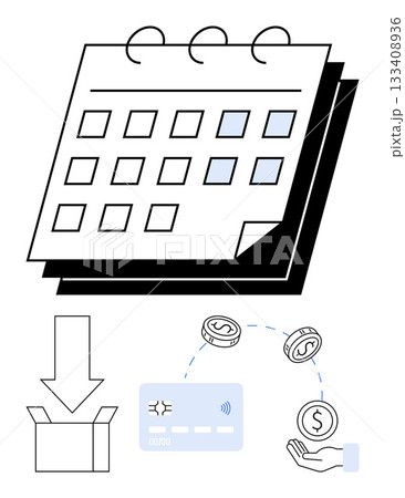 Calendar with spiral binding and dates highlighted. Credit card with currency symbols and arrows indicating flow. Box with downward arrow. Ideal for scheduling, financial planning, online 133408936