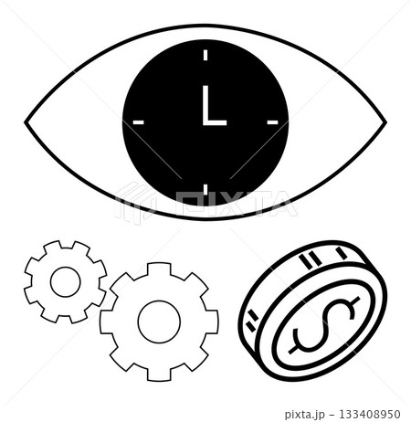 Eye with integrated clock, two gears, and a coin with a dollar sign. Ideal for time management, productivity, financial planning, business efficiency, engineering, economics and technological 133408950
