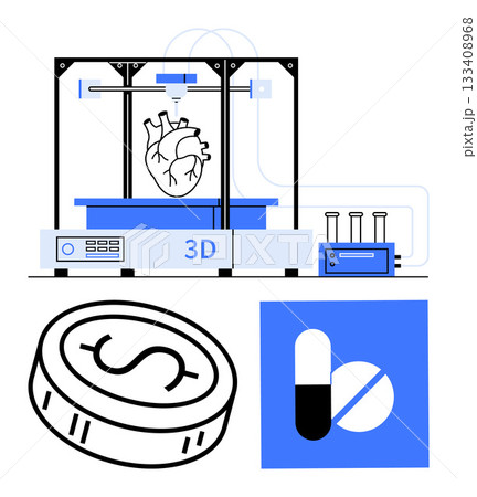 3D printer creating a human heart, coin with dollar sign, and pills icon on a blue square background. Ideal for medical innovation, healthcare, technology, pharmaceuticals, finance, research 133408968