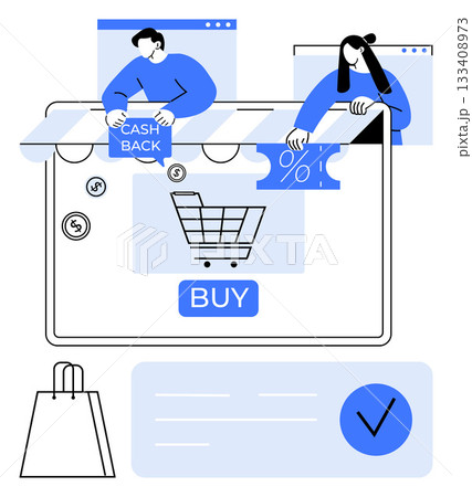 Two people highlight cashback and discount icons on a giant shopping cart interface with a buy button. Ideal for online shopping, e-commerce, digital marketing, discounts, promotions, sales Two people highlight cashback and discount icons on a giant shopping cart interface with a buy button. Ideal for online shopping, e-commerce, digital marketing, discounts, promotions, sales 133408973