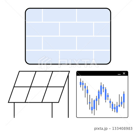 Solar panel, stock market chart, and brick wall emphasizing renewable energy, financial analysis, and construction. Ideal for sustainability, finance, architecture, investment technology economic Solar panel, stock market chart, and brick wall emphasizing renewable energy, financial analysis, and construction. Ideal for sustainability, finance, architecture, investment technology economic 133408983