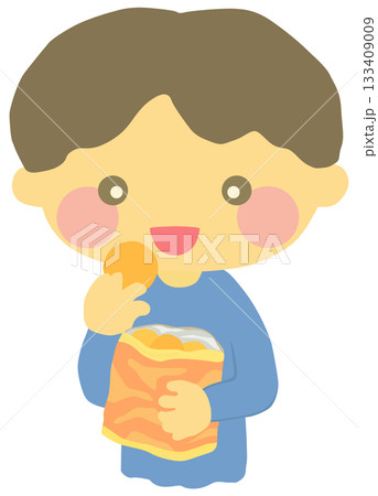 スナック菓子を食べる子どものイラスト ベクター素材 133409009